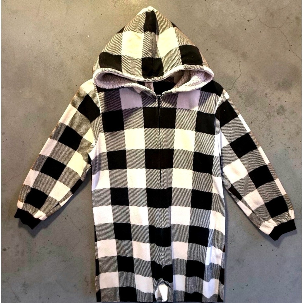 PJ Place Kids XL 14 Buffalo Check Fleece Hooded One Piece Pajamas Black White - Picture 5 of 7